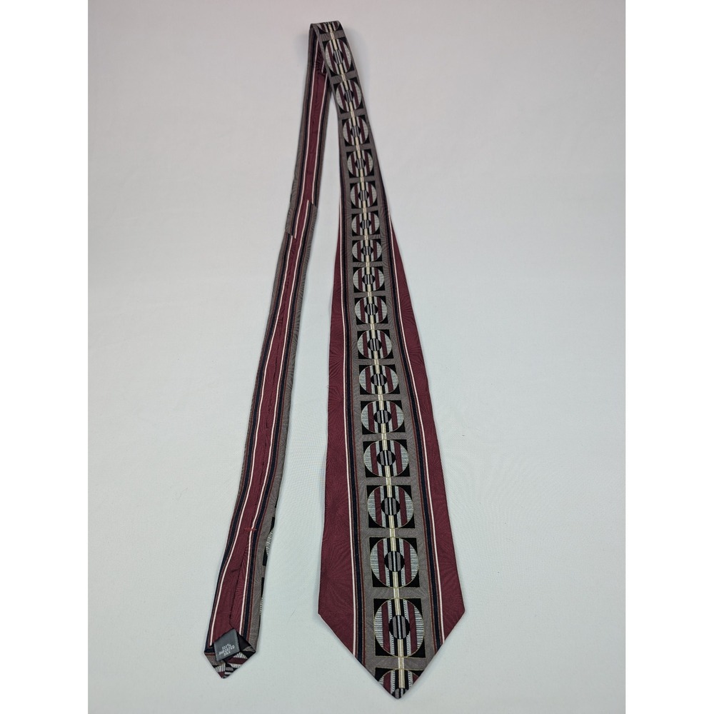 Rustica Mens Silk Tie Burgundy Grey Geometric Circle Stripe Pattern 4 Inch Wide